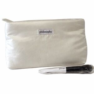 Philosophy White Satin Cosmetic Bag + Makeup Brush Set NWT